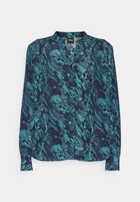 Blouse à manches longues avec un motif marbré bleu marine et teal, dotée d'un col en V, d'un tissu doux et d'une coupe décontractée.