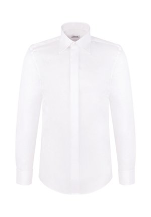 Chemise formelle blanche à manches longues avec col pointu et patte de boutonnage dissimulée, présentée sur un fond blanc.