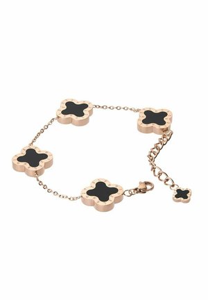 Pulsera de cadena de oro rosa con cuatro incrustaciones negras en forma de trébol y un cierre ajustable.