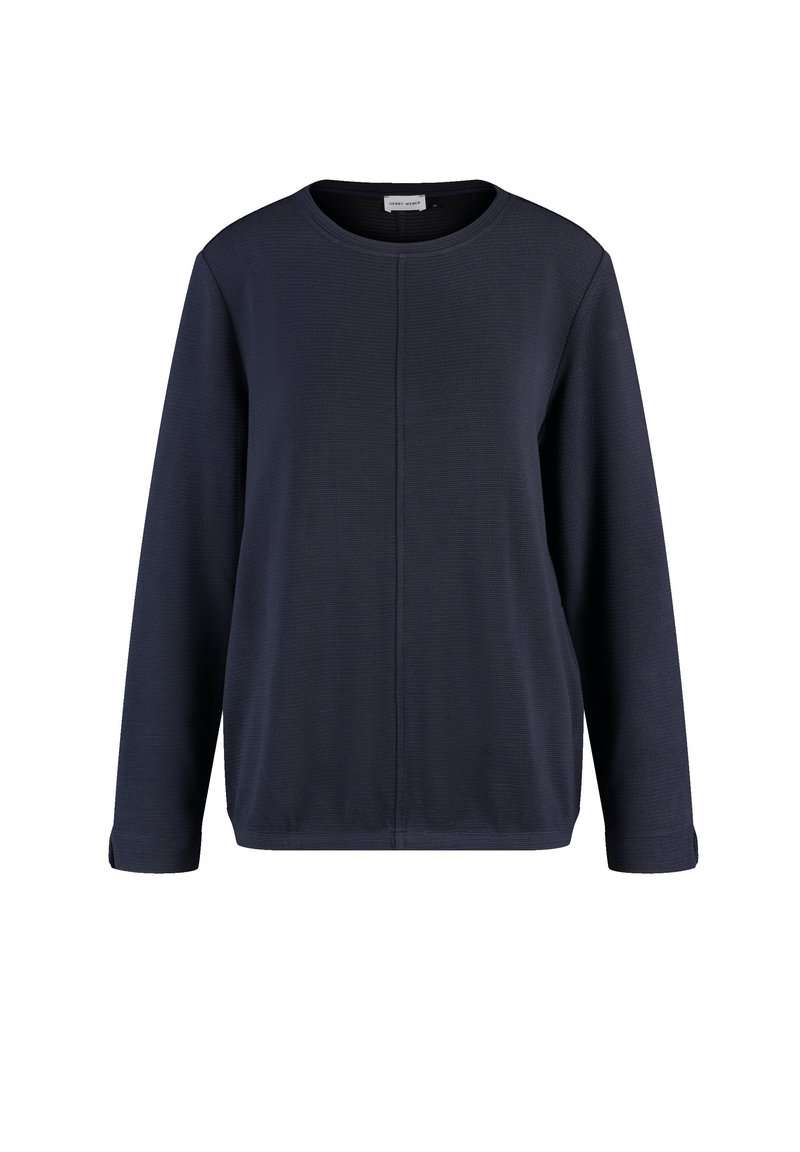 Mörkblå långärmad sweatshirt med rund halsringning, ribbad struktur och rak passform, som har en mittsämsömm längs framsidan.