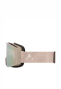 Goggles med en beige ram, gröntonade linser och svart skumvaddering, med en ljusbeige justerbar rem med en logotyp.
