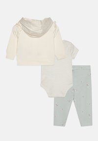 Three-piece baby outfit: cream hoodie with a hood, light striped short-sleeve bodysuit, and soft green leggings with floral print.