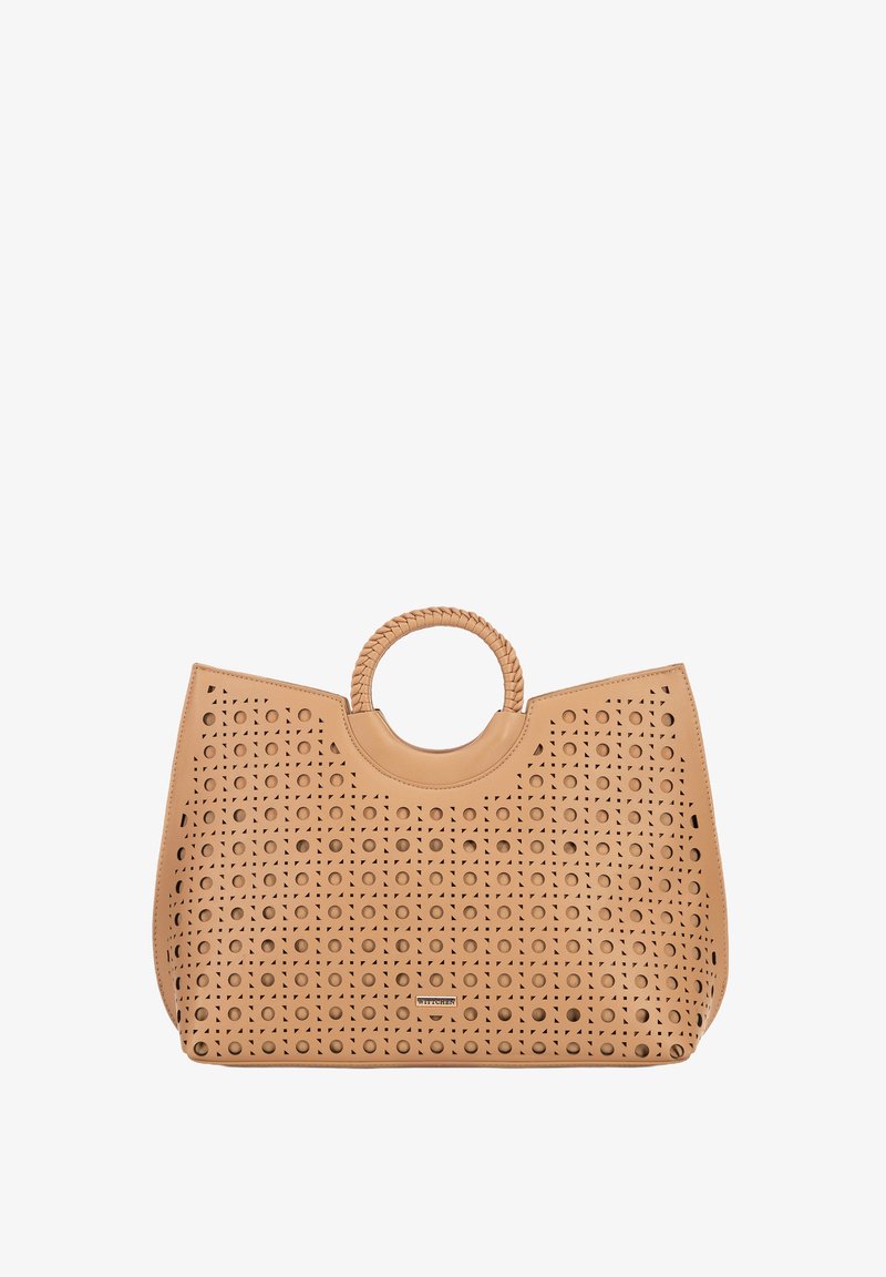 Borsa tote in pelle perforata color tan con manico intrecciato, caratterizzata da un'ampia apertura e design a intaglio geometrico sulla parte anteriore.