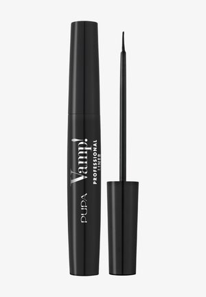 Eyeliner liquido nero in un tubo cilindrico elegante. Dotato di una punta applicatrice precisa e di testo con il marchio sul lato per l'identificazione.