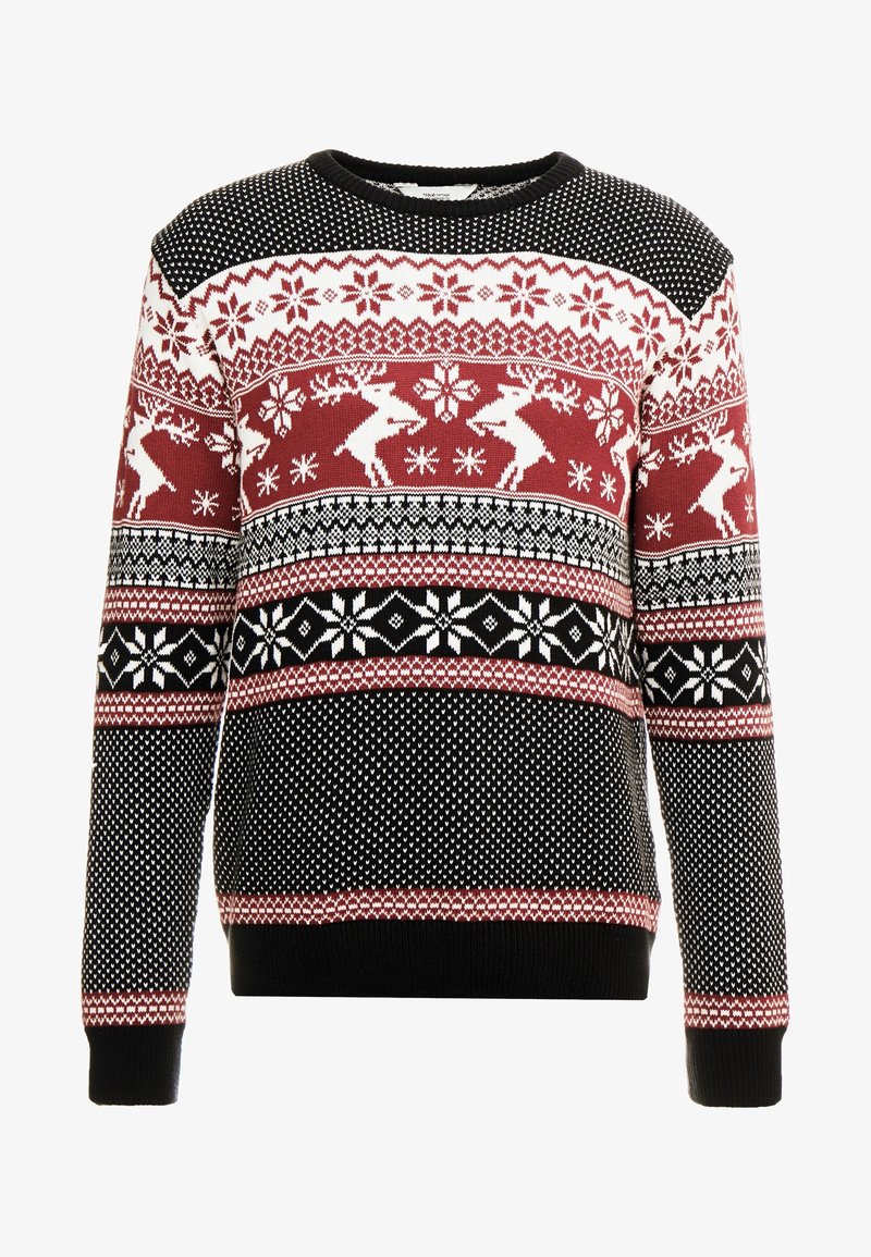 Pull à col rond avec des motifs nordiques rouges, blancs et noirs présentant des rennes, des flocons de neige et des dessins géométriques.