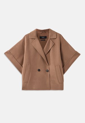Manteau en laine mélangée marron à double boutonnage, avec de larges manches, un col à revers et deux poches avant. Texture lisse et design ajusté.