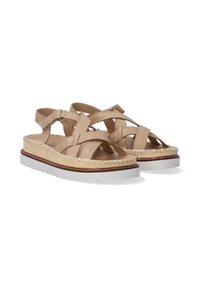 Beige kožené sandály s křížovými popruhy, tkaným středním dílem ve stylu slámy a bílou gumovou podrážkou. Plochý design s otevřenou špičkou.