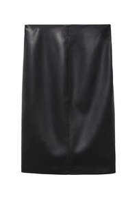 Jupe crayon en cuir noire longueur genou avec une couture centrale, un ourlet droit et une texture lisse sur fond blanc.