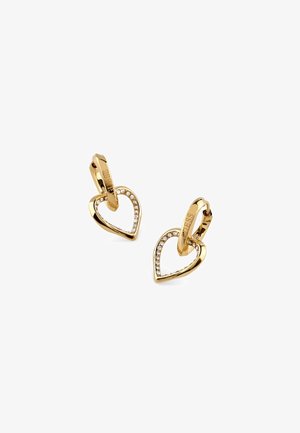 Gold-tone heart-shaped earrings featuring a clear crystal border and a hinged clasp. Smooth finish with polished detailing.