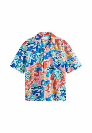 Īsām piedurknēm ar krāsainu tropisko rakstu, ieskaitot palmas kokus, laivas, viļņus un zvaigžņu jūras zvaigznes.