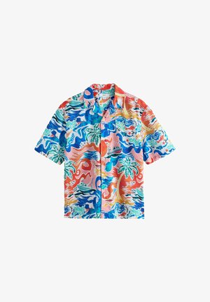 Īsām piedurknēm ar krāsainu tropisko rakstu, ieskaitot palmas kokus, laivas, viļņus un zvaigžņu jūras zvaigznes.