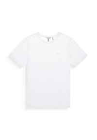 Camiseta de cuello redondo blanca, hecha de algodón suave, con mangas cortas y un sutil logo bordado en el pecho. Textura suave, diseño casual.