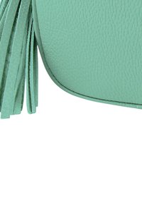 Mintgroene faux leren crossbodytas met een gladde textuur en franjerand aan één zijde, met een gebogen vorm en een bovenklep.