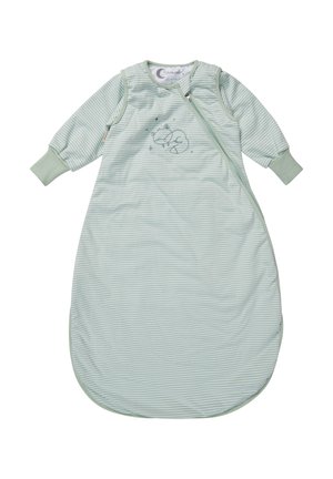 Hellgrüner, gestreifter Schlafsack mit langen Ärmeln und seitlichem Reißverschluss. Mit einer Fuchsillustration auf der Vorderseite. Weiches Baumwollmaterial.