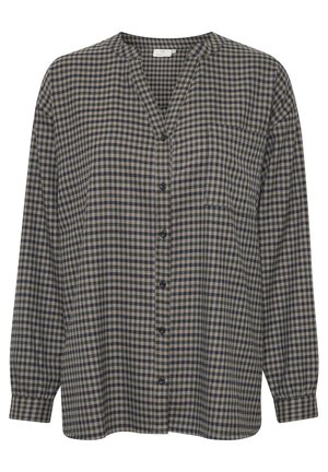 Chemise boutonnée à manches longues avec un motif à carreaux noir et beige, col rond et poche poitrine côté gauche.