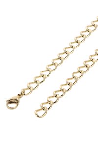 Arany lánc összekapcsolt ovális karikákkal. Az egyik végén homárkapocs található. Simának és fényesnek tűnik, egységes színnel és dizájnnal.