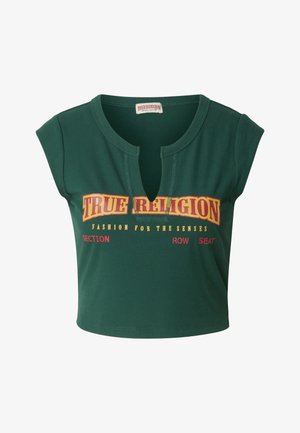 Groen cropped T-shirt van geribd materiaal met een ronde hals, korte mouwen en opvallende meerkleurige tekst op de voorkant.