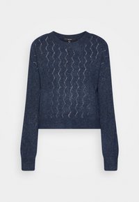 Pull court bleu foncé en tissu tricoté, présentant un motif en zigzag et des manches longues avec des poignets côtelés.