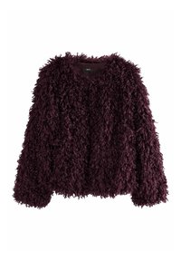 Giacca lunga a maniche lunghe in finta pelliccia riccia di colore viola scuro con scollatura rotonda e un'etichetta che recita "NEXT" all'interno del colletto.