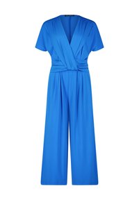 Tuta blu con maniche corte, scollo avvolgente e pantaloni a gamba larga. Realizzata in un tessuto liscio, con pieghe sulle spalle e in vita.