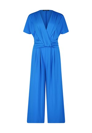 Tuta blu con maniche corte, scollo avvolgente e pantaloni a gamba larga. Realizzata in un tessuto liscio, con pieghe sulle spalle e in vita.