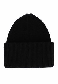 Black knit beanie hat with a ribbed texture and fold-over cuff, designed for warmth and comfort, suitable for cold weather.