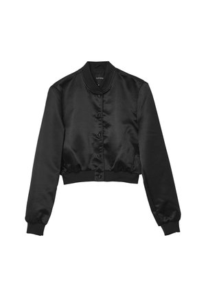 Veste bomber en satin noir avec boutons-pression, col, poignets et ourlet côtelés, coupe cropped et manches longues.