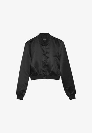 Schwarze Satin-Bomberjacke mit Druckknöpfen, geripptem Kragen, Bündchen und Saum, tailliertem Schnitt und langen Ärmeln.