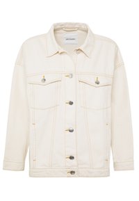 Krämfärgad denimjacka med klassisk krage, knappstängning, två bröstfickor och gula sömnadsdetaljer.