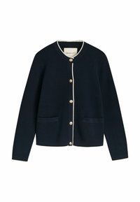 Marineblaue Strickjacke aus geripptem Material, mit Rundhalsausschnitt, weißen Akzenten und sechs goldfarbenen Knöpfen sowie zwei Vordertaschen.