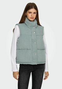 Giovane donna che indossa un gilet imbottito azzurro chiaro con bottoni a pressione sopra una maglietta bianca a maniche lunghe e jeans neri, in piedi contro uno sfondo neutro.