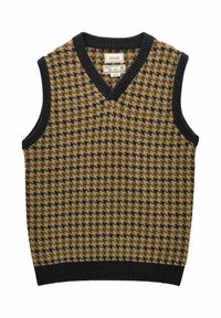 Käeaukudeta kudumvest, millel on pruun ja must houndstooth muster, V-kaelus ning must ribatäidisega ääris kaela, käeaukude ja krooni ääres.