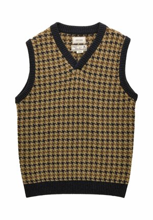 Sleeveless knit vest with brown and black houndstooth pattern, V-neck, and black ribbed trim on neck, armholes, and hem.