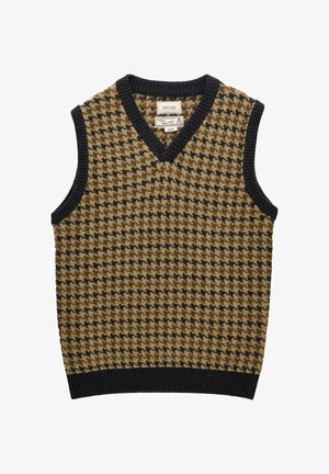 Muguras bez piedurknēm ar brūnu un melnu suņa zobu rakstu, V veida kakla izgriezumu un melnu ribotu apdari uz kakla, roku atverēm un apakšmalas.