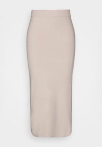 Jupe midi en maille beige clair avec une taille cintrée et une silhouette droite. Présente une texture lisse et un design simple.