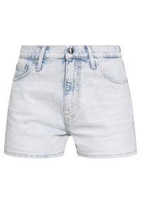 Leren short in lichtblauw met een vervaagde afwerking, met een hoge taille, voorkkanten, en een enkele knoopsluiting.