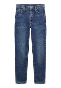 Jean en denim bleu foncé avec fermeture par bouton et zip, poches avant et arrière, coupe droite.