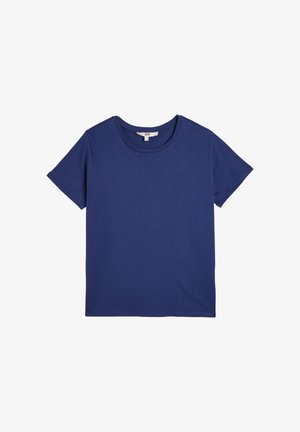 T-shirt en coton bleu marine à col rond et manches courtes, présentant une texture lisse et un design simple et classique sans motifs.