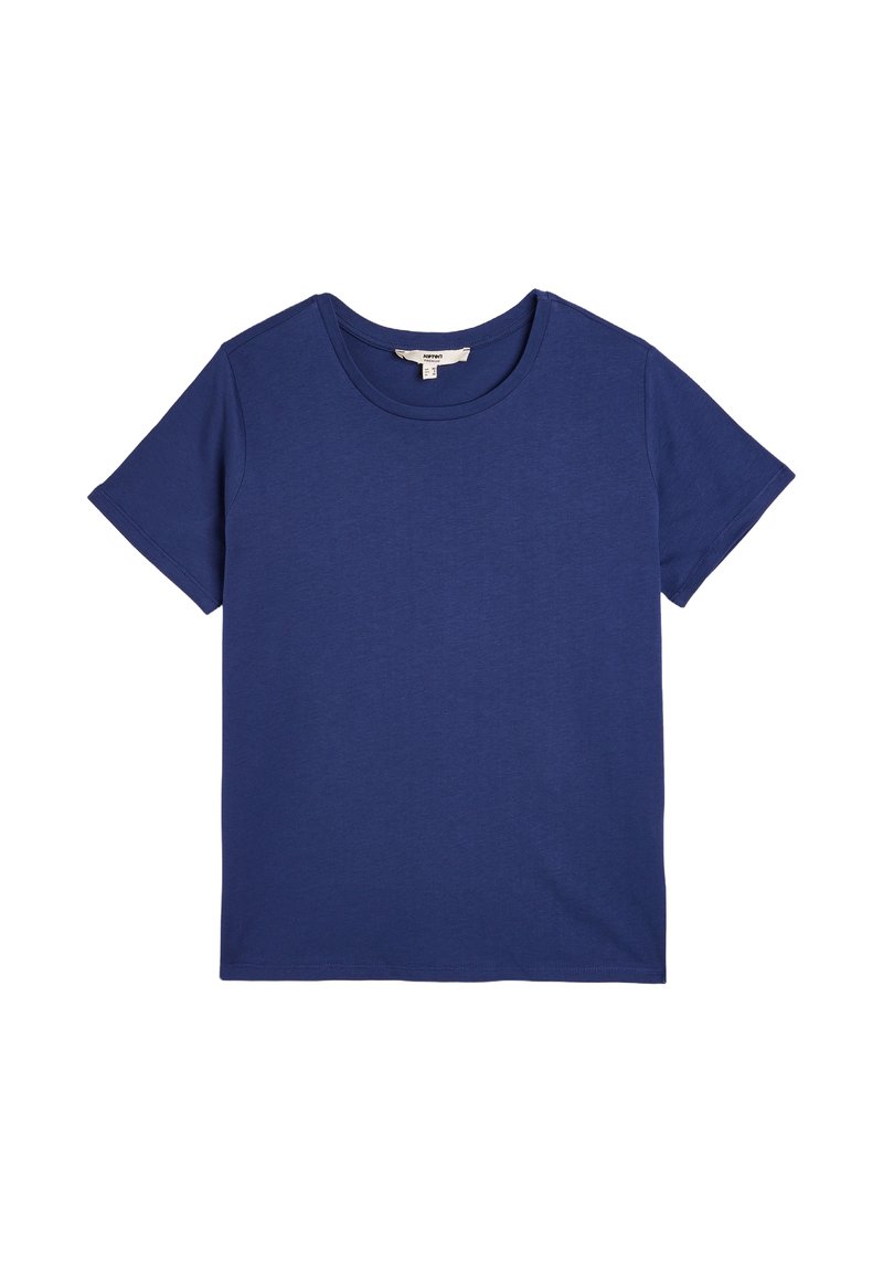 T-shirt en coton bleu marine à col rond et manches courtes, présentant une texture lisse et un design simple et classique sans motifs.