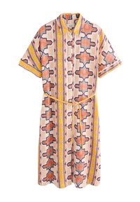 Abito a metà gamba con fantasia, caratterizzato da una chiusura frontale con bottoni, maniche corte e una cintura gialla. I colori includono rosa, arancione, blu e giallo.