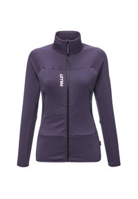 Veste en polaire zippée violette avec col montant, poches avant avec zippers et logo "MILLET" blanc sur la poitrine.