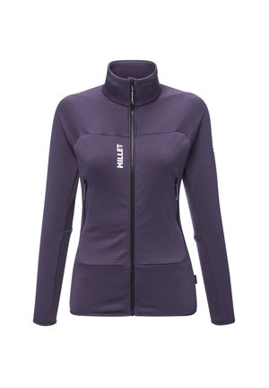 Purple zip-up fleece jacket with a stand collar, front pockets with zippers, and white "MILLET" logo on the chest.