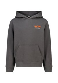 Felpa grigia in cotone con tasca a marsupio, cappuccio regolabile e grafica arancione "NEW YORK" sul petto. Polsini e orlo a costine completano il design.