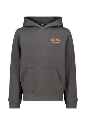 Grijze katoenen hoodie met kangoeroezak, verstelbare capuchon en oranje "NEW YORK" grafiek op de borst. Geribbelde manchetten en zoom ronden het ontwerp af.