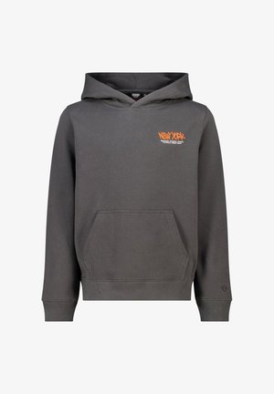 Grijze katoenen hoodie met kangoeroezak, verstelbare capuchon en oranje "NEW YORK" grafiek op de borst. Geribbelde manchetten en zoom ronden het ontwerp af.