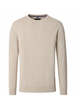 Beige Pulli mit Rundhalsausschnitt aus weichem Strickstoff. Lange Ärmel, enganliegende Bündchen und gerippter Saum. Einfaches Design mit minimalen Details.