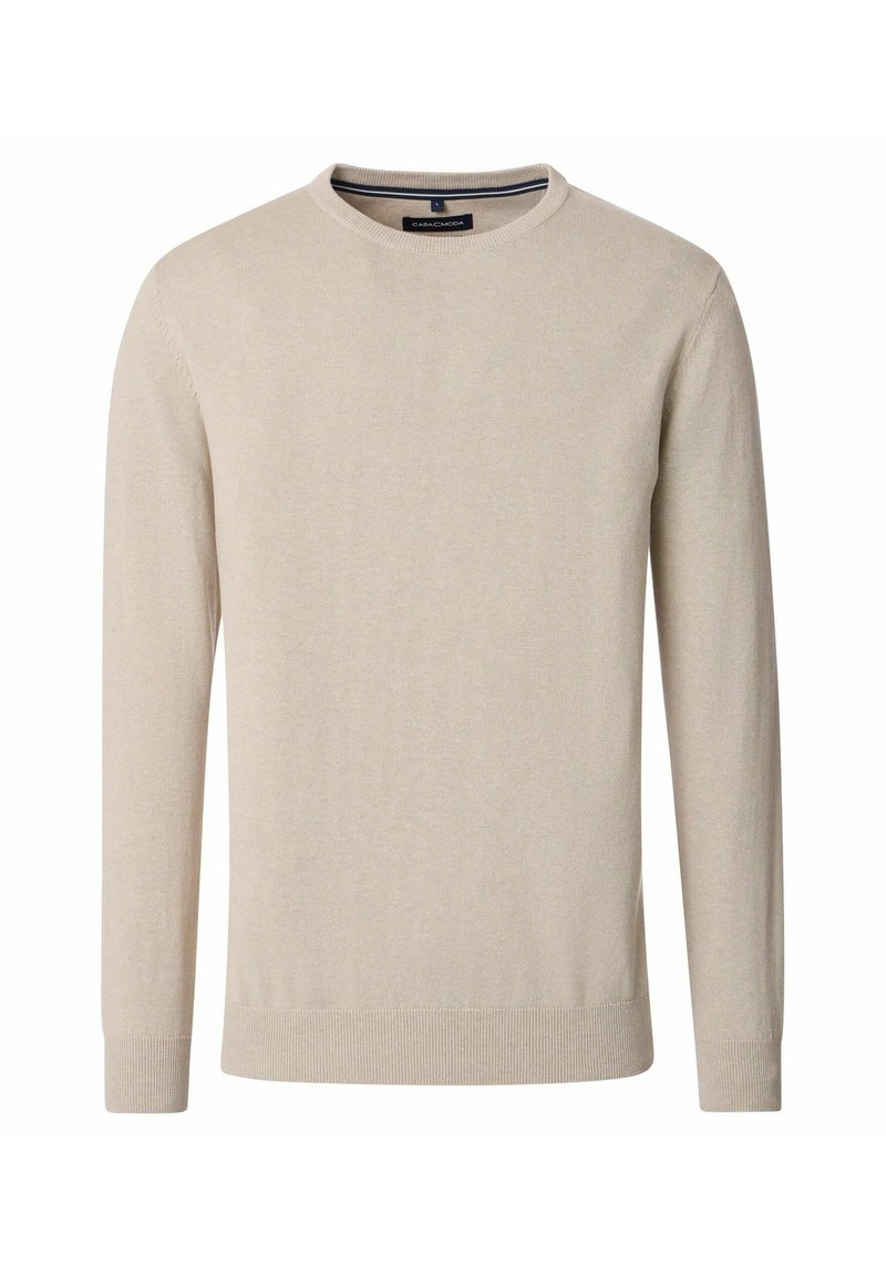 Beżowy sweter z okrągłym dekoltem, wykonany z miękkiej dzianiny. Długie rękawy, dopasowane mankiety i ściągacz na dole. Prosty design z minimalną ilością detali.