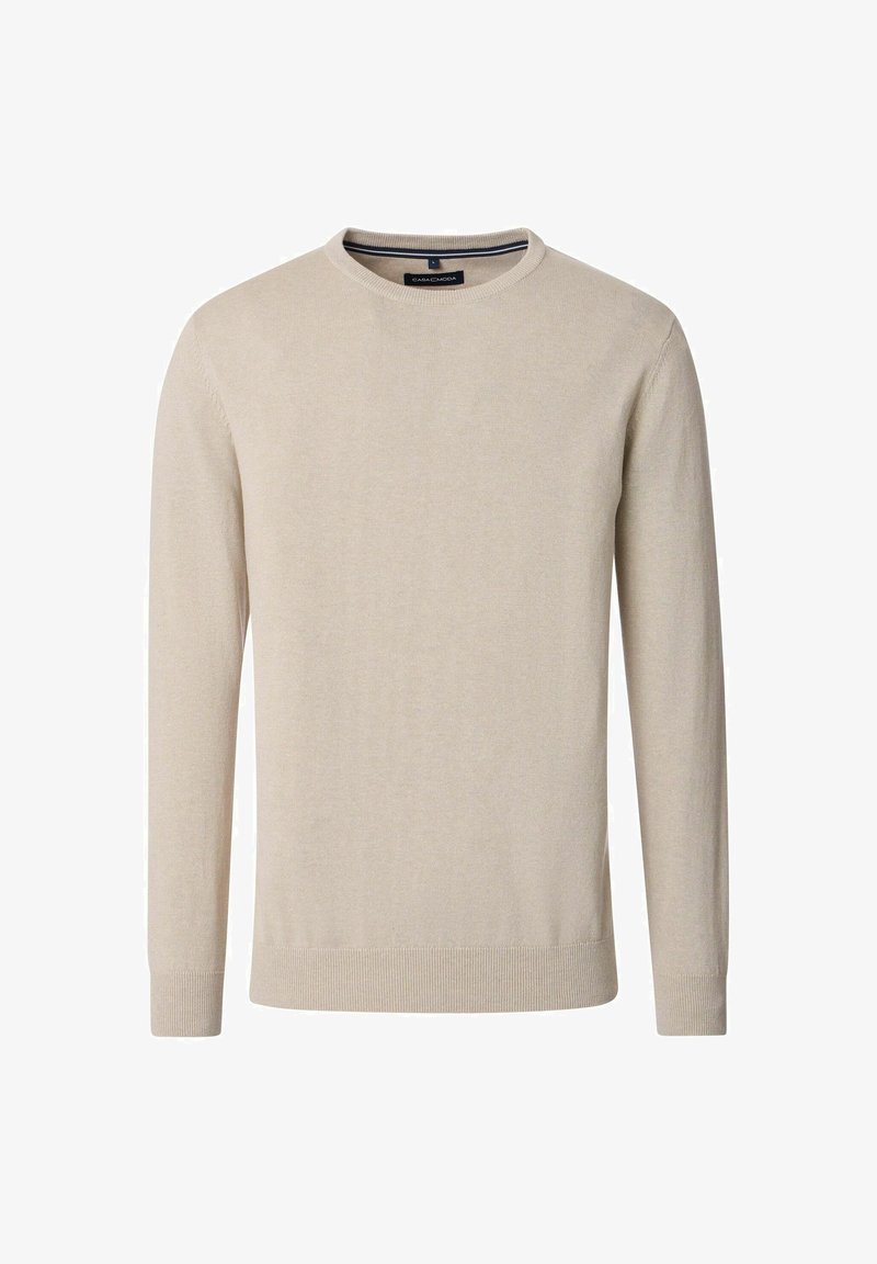 Beżowy sweter z okrągłym dekoltem, wykonany z miękkiej dzianiny. Długie rękawy, dopasowane mankiety i ściągacz na dole. Prosty design z minimalną ilością detali.