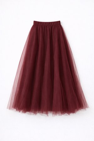Bordeauxfarvet tylskørt med en figursyet talje, knælængde, lagdelt tekstur, letvægtsstof og gennemsigtigt udseende.