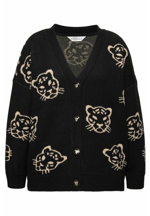 Zwarte cardigan met beige luipaardprint, V-hals, knoopsluiting en geribde mouwen. Gemaakt van gestructureerde brei stof.